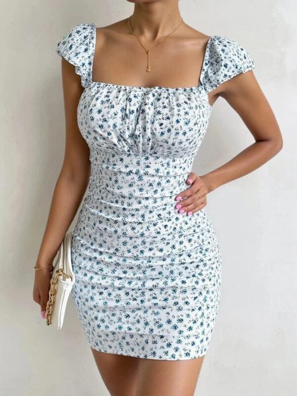 Robe Fleurie Courte Moulante Col Carre Bleu S
