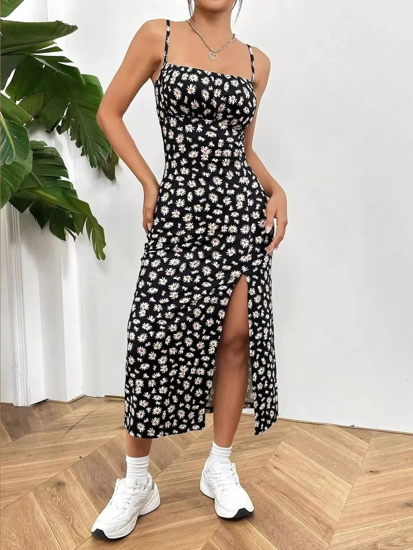 Robe Fleurie Ete Sexy Dos Nu Fendue Noir Xs