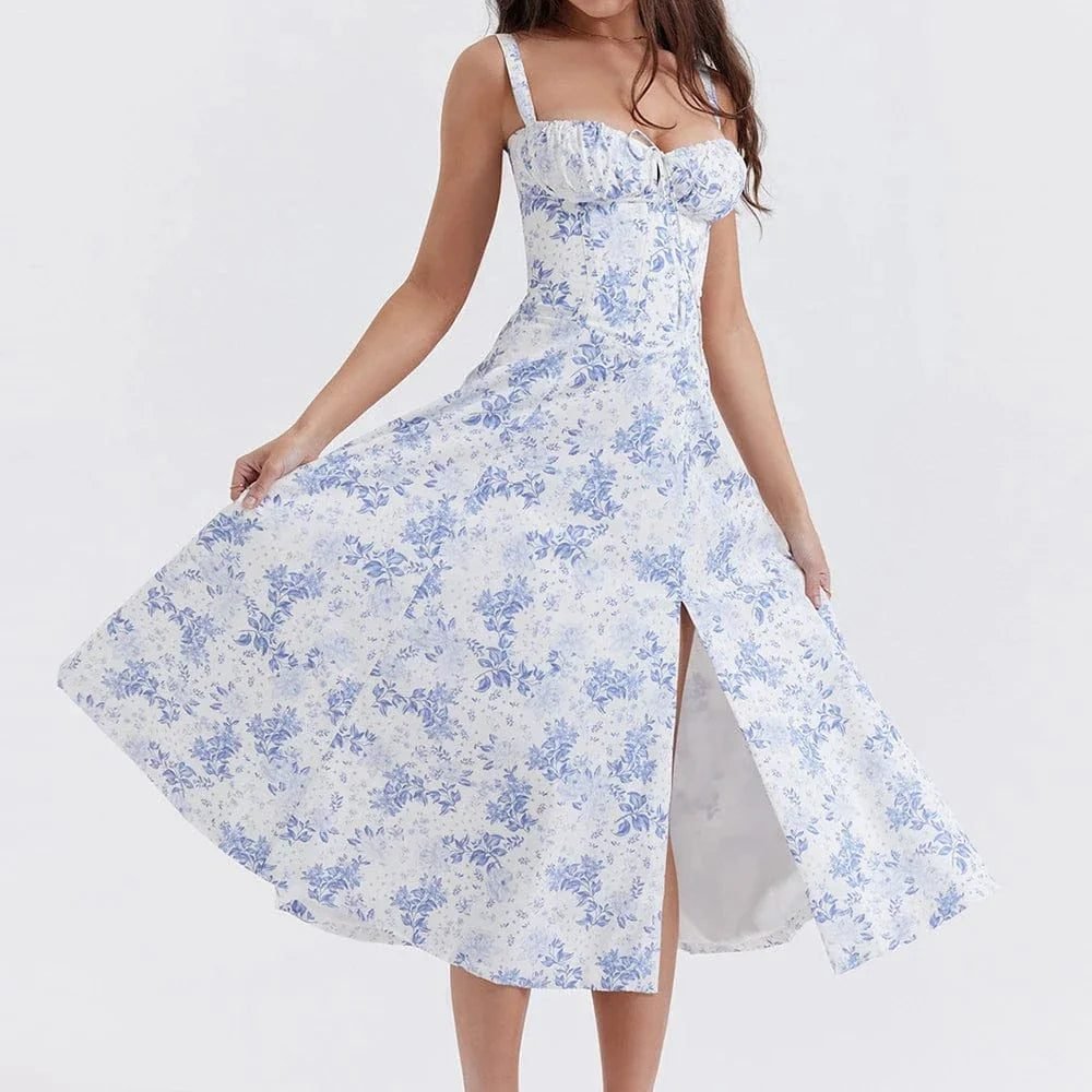 Robe Fleurie Fendue Midi A Bretelles 4