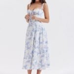 Robe Fleurie Fendue Midi A Bretelles Bleu S