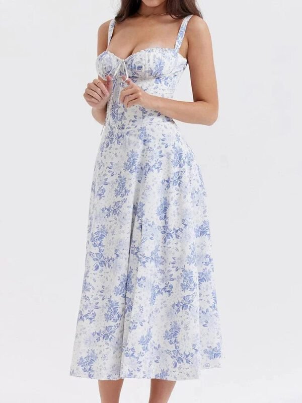 Robe Fleurie Fendue Midi A Bretelles Bleu S