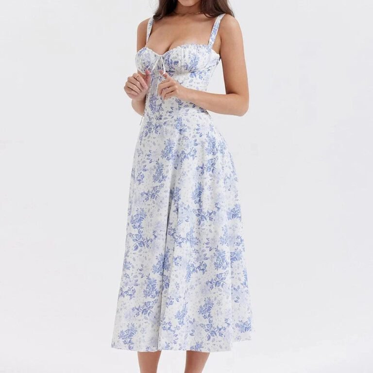 Robe Fleurie Fendue Midi A Bretelles Bleu S