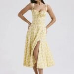 Robe Fleurie Fendue Midi A Bretelles Jaune S