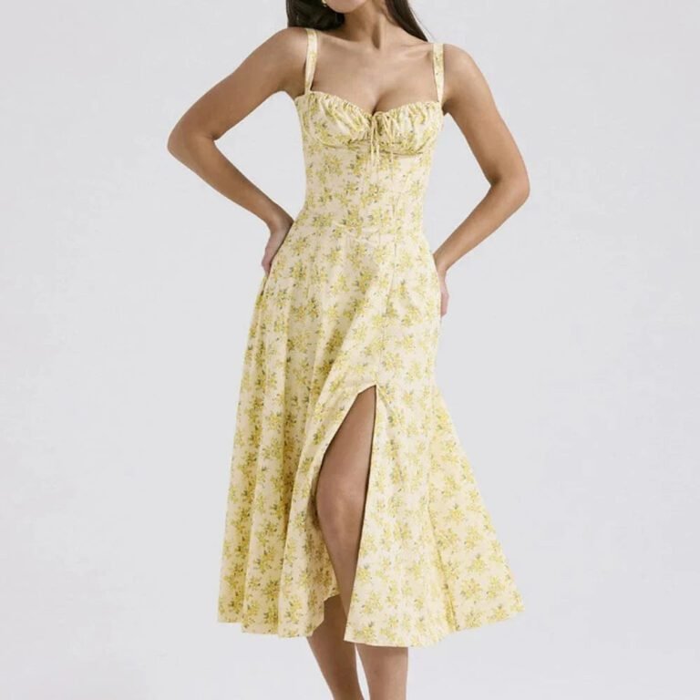 Robe Fleurie Fendue Midi A Bretelles Jaune S