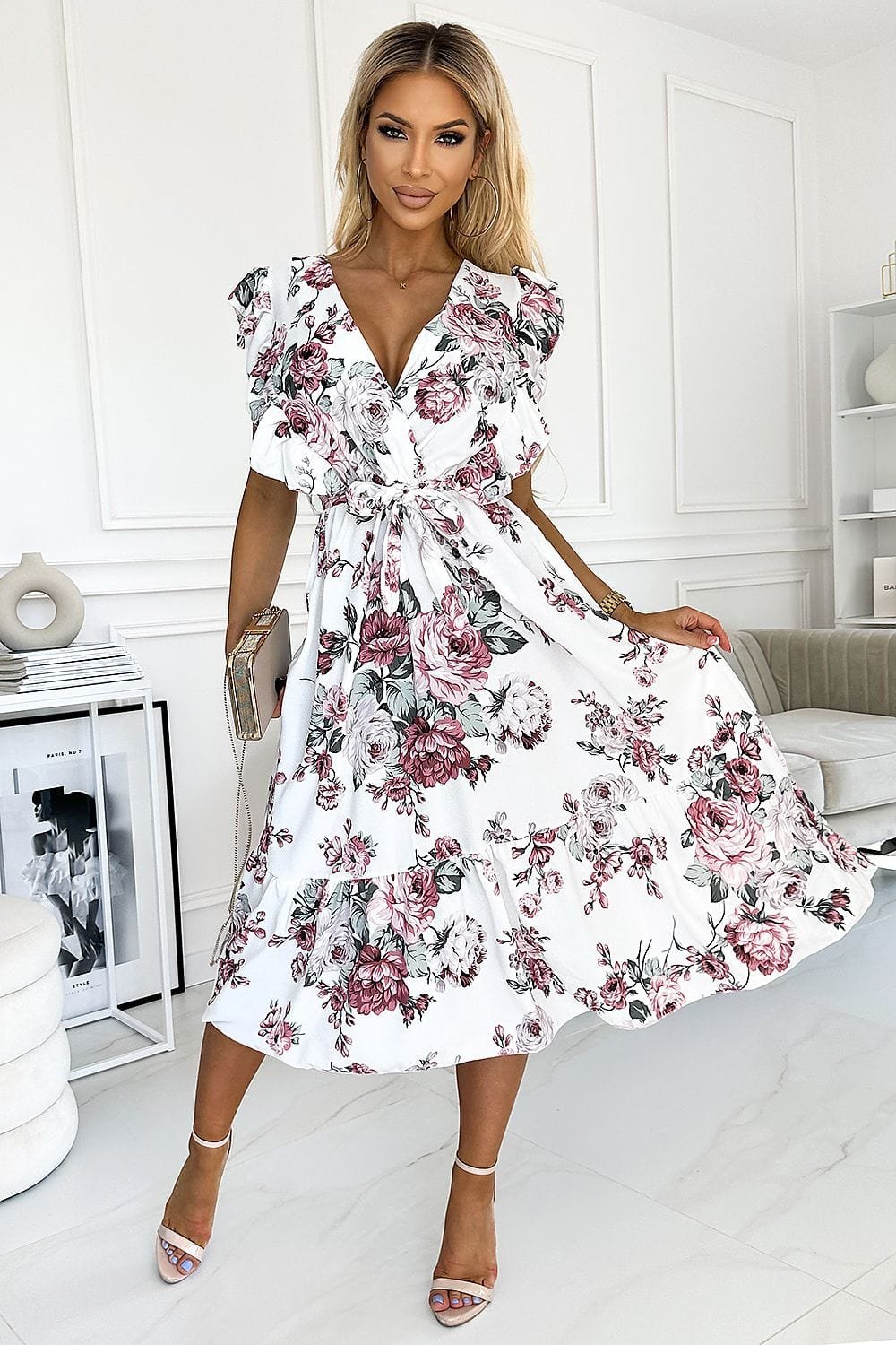 Robe Fleurie Midi A Volants 2