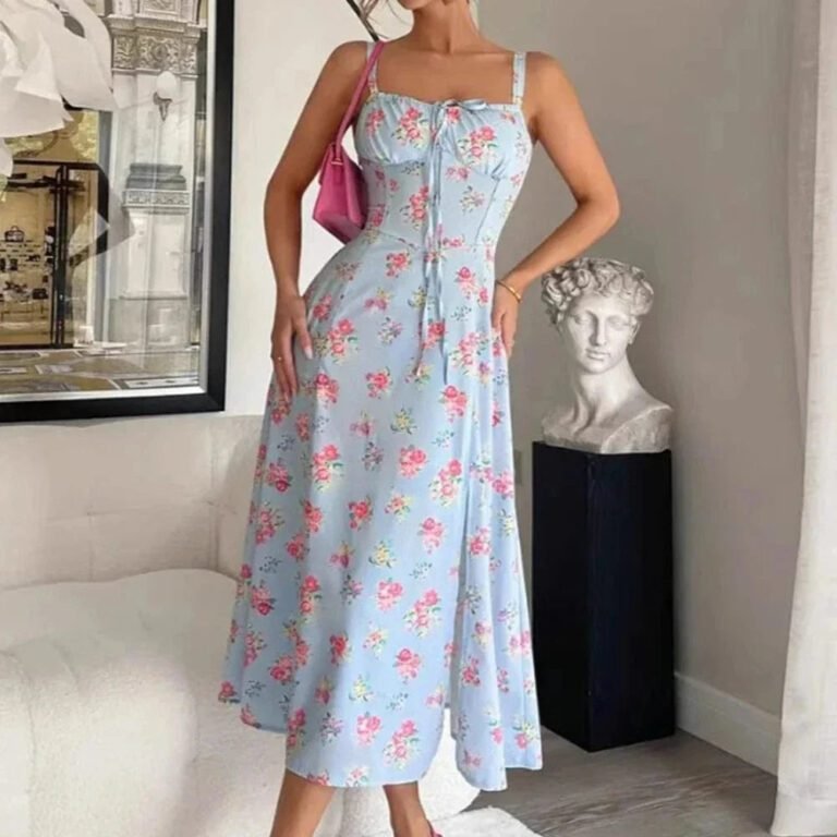 Robe Fleurie Midi Avec Fente Laterale Et Encolure Carree 2