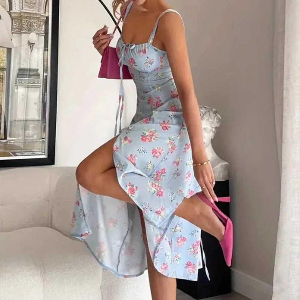 Robe Fleurie Midi Avec Fente Laterale Et Encolure Carree