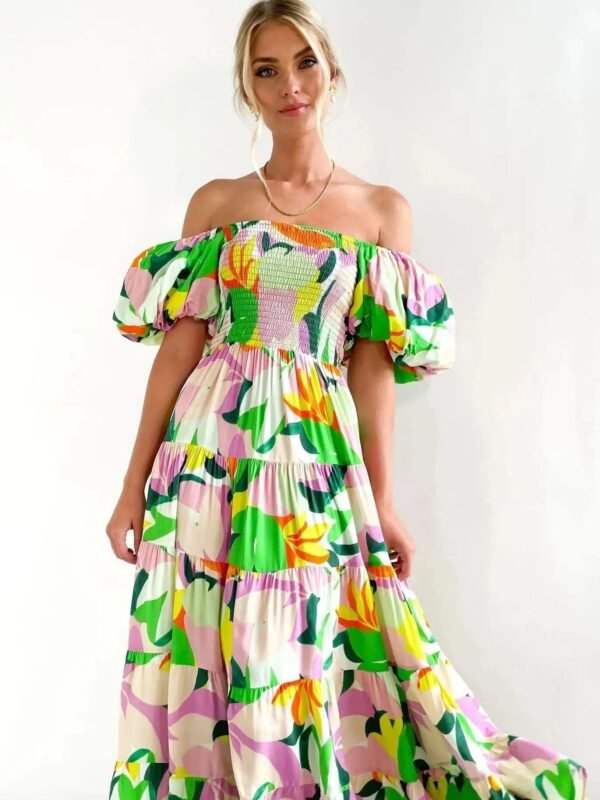 Robe Fleurie Midi Epaules Denudees Vert S