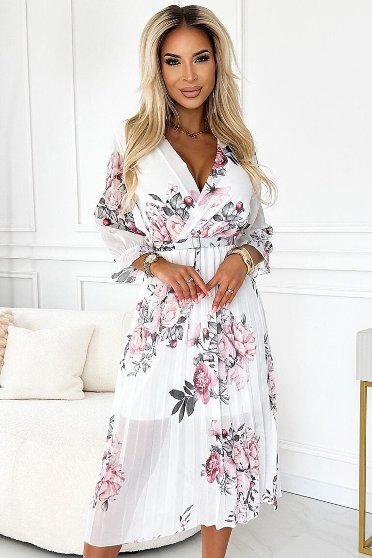Robe Fleurie Plissee Manches Longues Blanc Taille Unique
