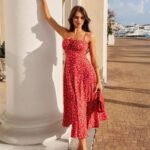 Robe Fleurie Rouge Midi Avec Fente Rouge S