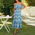 Robe Florale Bustier Boheme Midi Bleu S