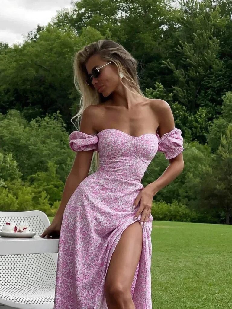 Robe Florale Sexy Fendue Epaules Denudees Rose S