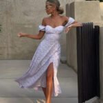 Robe Florale Sexy Fendue Epaules Denudees Violet S