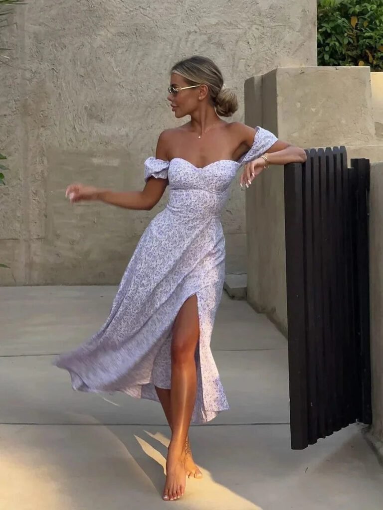 Robe Florale Sexy Fendue Epaules Denudees Violet S
