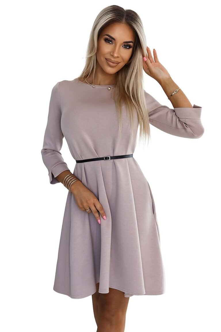 Robe Habillee Beige Courte Evasee Manches 3 4 Beige S M