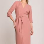 Robe Habillee Midi Droite Manches 3 4 Rose Poudre S