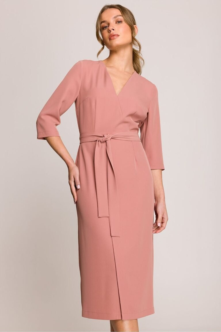 Robe Habillee Midi Droite Manches 3 4 Rose Poudre S