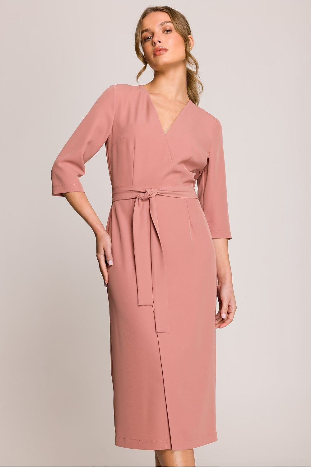 Robe Habillee Midi Droite Manches 3 4 Rose Poudre S
