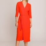 Robe Habillee Midi Droite Manches 3 4 Rouge S