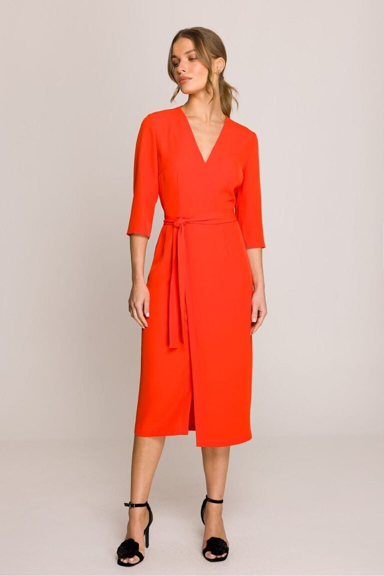 Robe Habillee Midi Droite Manches 3 4 Rouge S