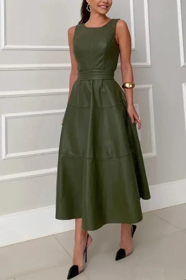 Robe Habillee Verte Midi Elegante Sans Manches 2