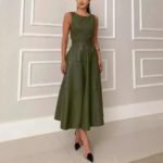 Robe Habillee Verte Midi Elegante Sans Manches Vert S