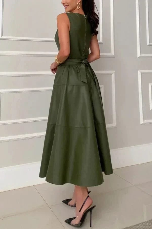 Robe Habillee Verte Midi Elegante Sans Manches