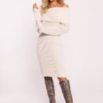 Robe Hiver En Tricot Epaules Denudees Beige Taille Unique