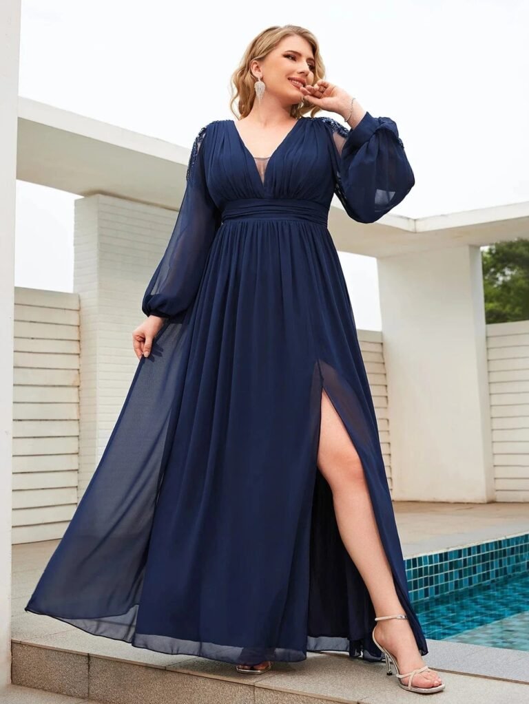 Robe Invitee De Mariage Grande Taille Manche Longue Bleu Marine L