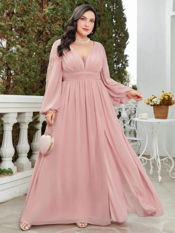 Robe Invitee De Mariage Grande Taille Manche Longue Rose Poudre L