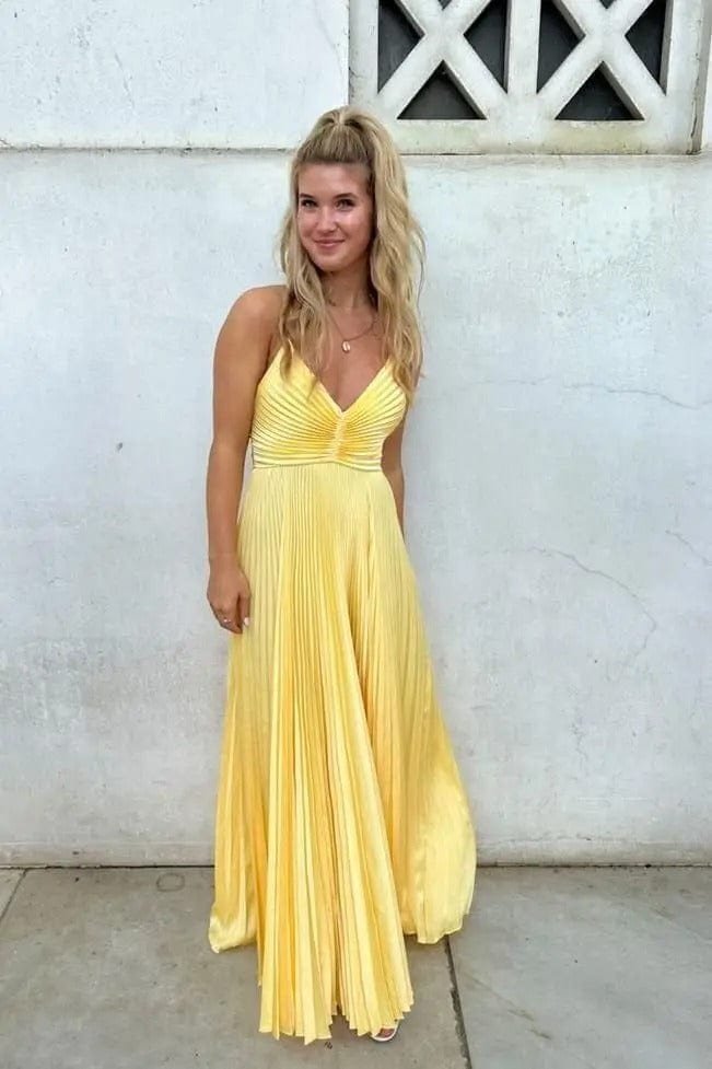 Robe Jaune Plissee Longue A Bretelles Jaune S