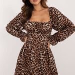 Robe Leopard Courte A Manches Longues Marron Taille Unique