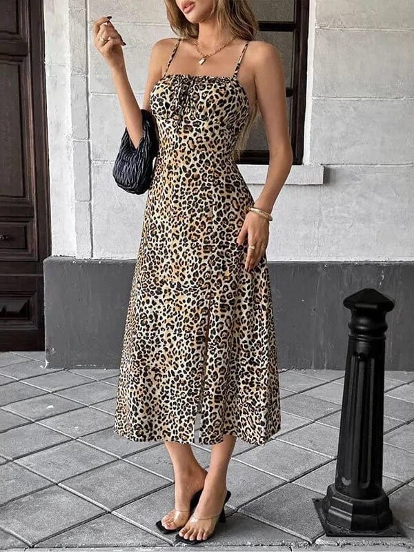 Robe Leopard Midi Fendue A Bretelles