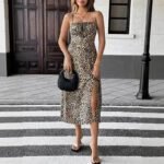 Robe Leopard Midi Fendue A Bretelles Marron S