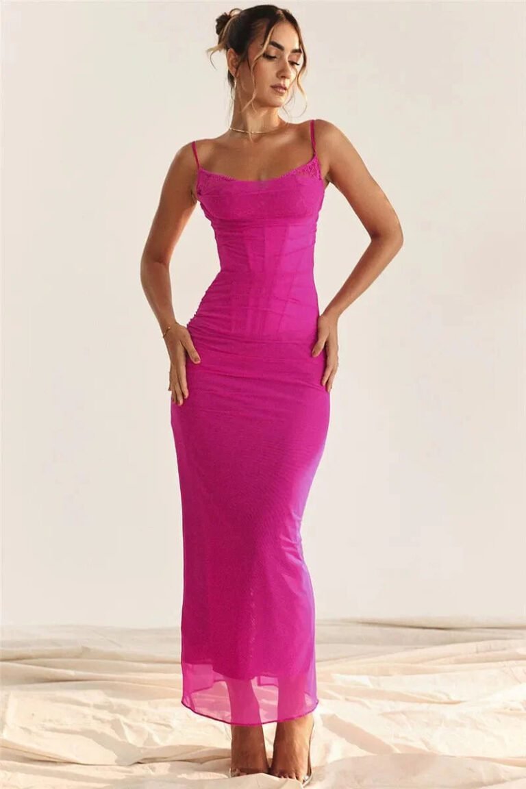 Robe Longue A Bretelles Spaghetti Rose Fuchsia S