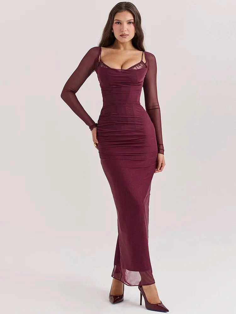 Robe Longue Bordeaux Avec Manches Longues Transparentes