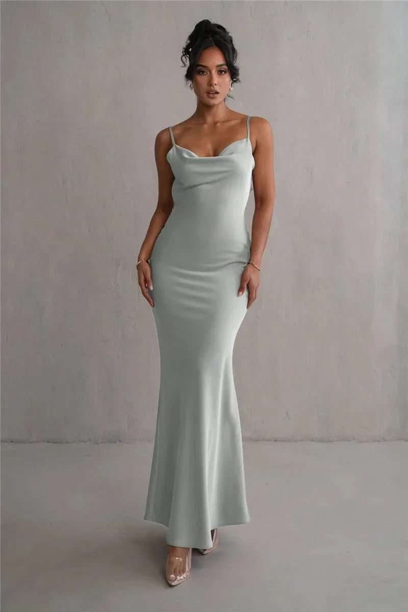 Robe Longue Dos Nu A Brettelles Spaghetti Vert Sauge S