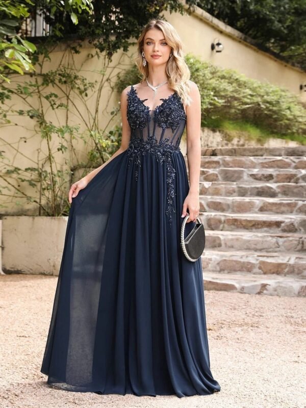 Robe Longue En Tulle Avec Appliques Sexy Bleu Marine S