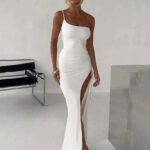 Robe Longue Fendue Avec Bretelle Fine Blanc S