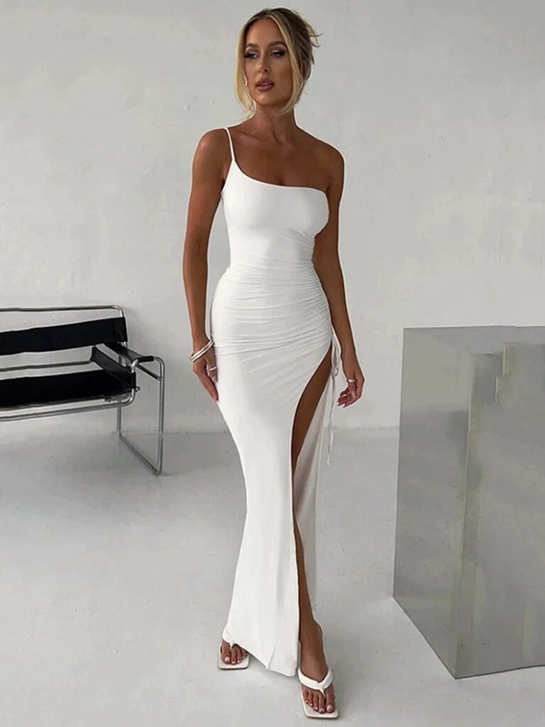 Robe Longue Fendue Avec Bretelle Fine Blanc S