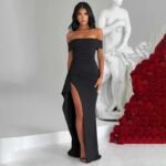 Robe Longue Fendue Avec Epaules Denudees 2