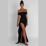 Robe Longue Fendue Avec Epaules Denudees Noir S