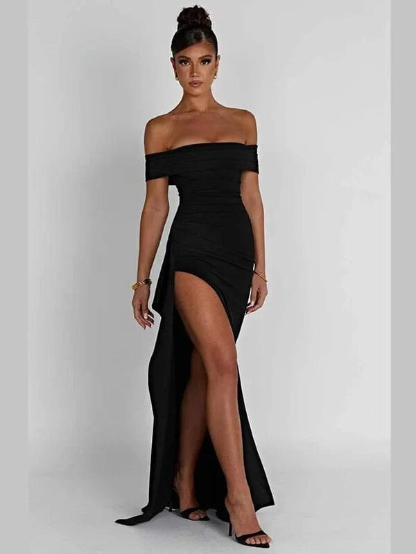 Robe Longue Fendue Avec Epaules Denudees Noir S