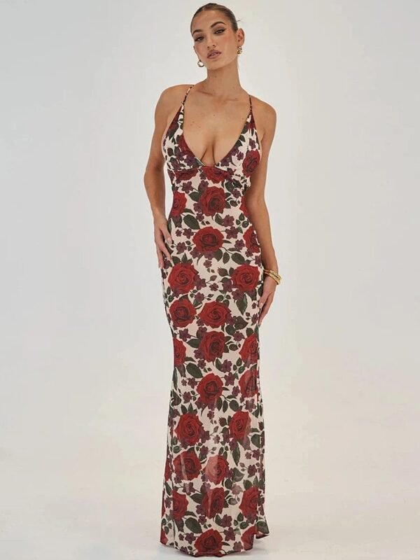 Robe Longue Imprimee De Roses Rouges Rouge S