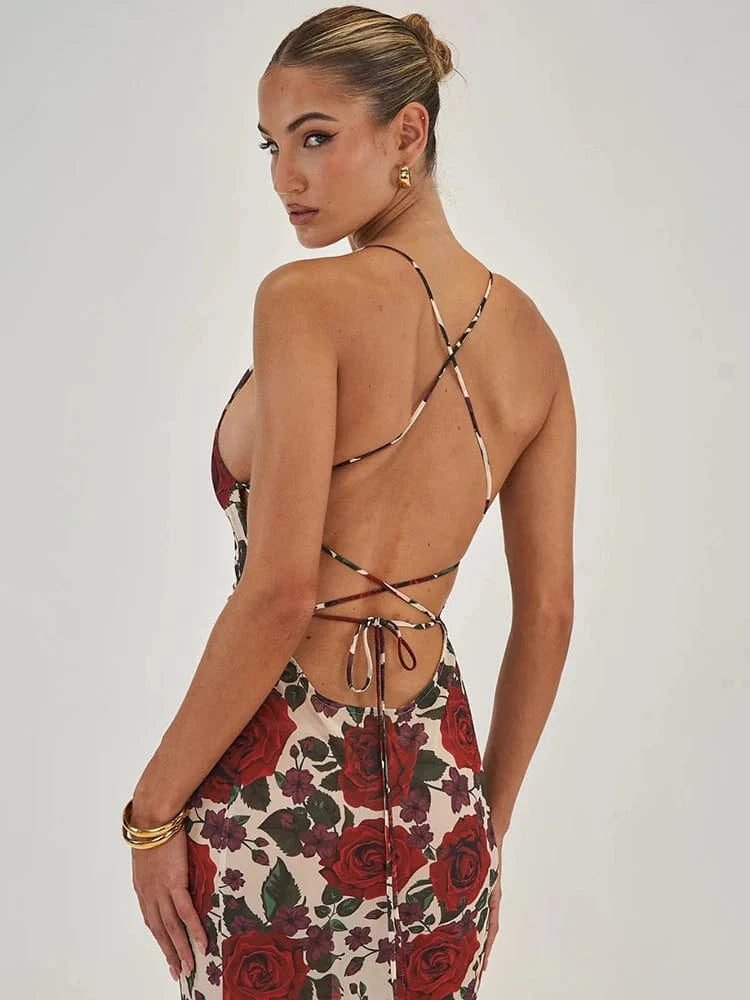 Robe Longue Imprimee De Roses Rouges