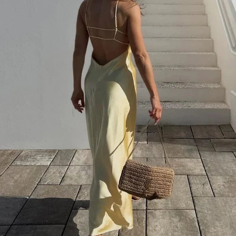 Robe Longue Jaune Dos Nu Satinee