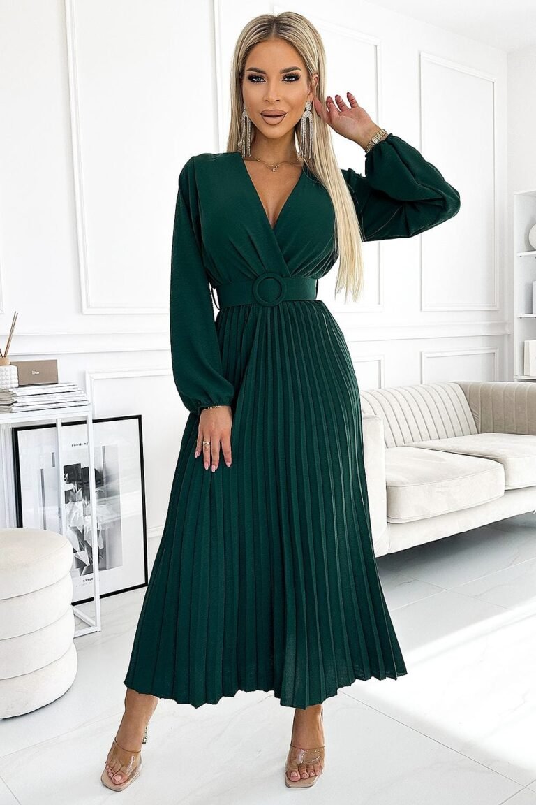 Robe Longue Plissee Fluide Manches Longues Vert Fonce Taille Unique