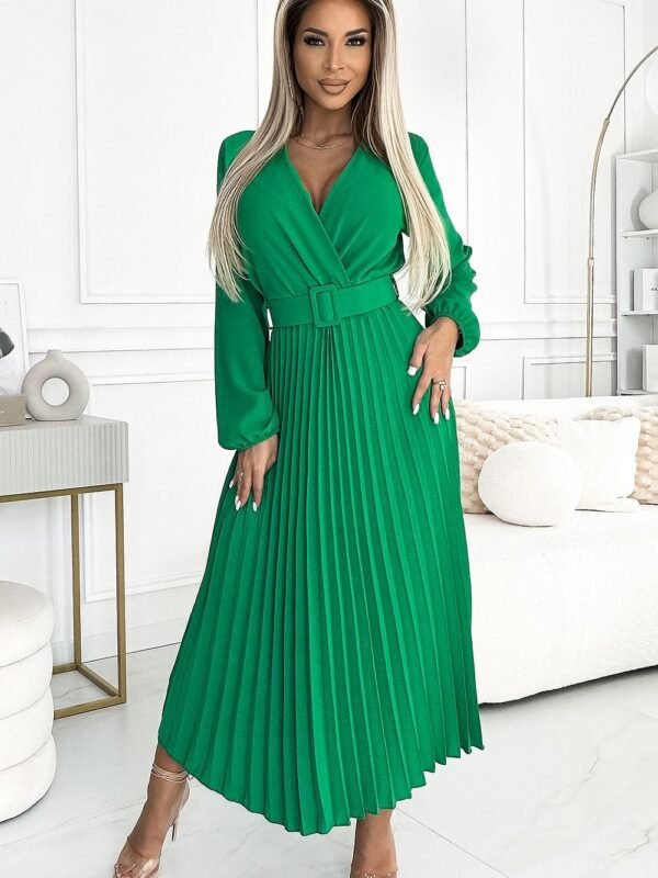 Robe Longue Plissee Fluide Manches Longues Vert Taille Unique