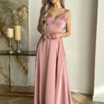 Robe Longue Rose Poudre Fendue Satinee 34