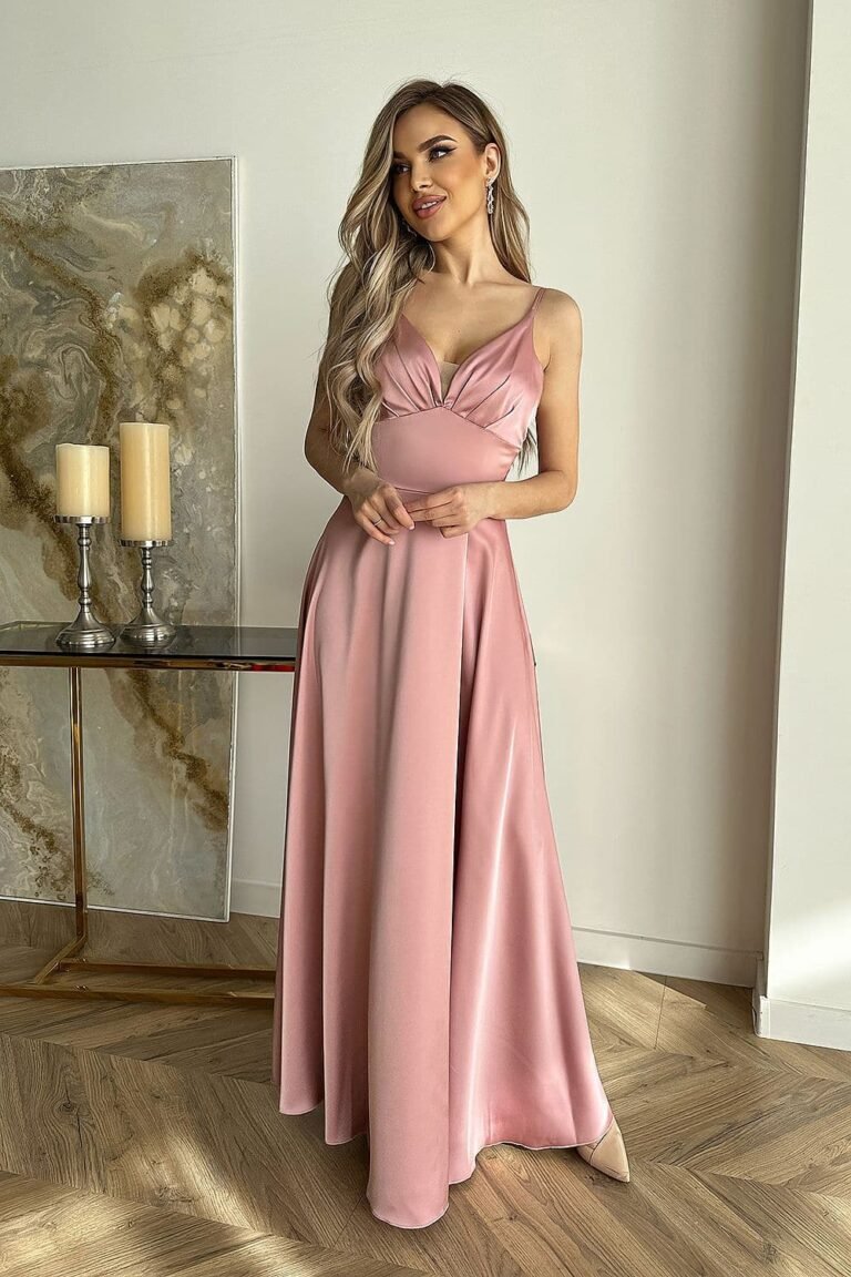 Robe Longue Rose Poudre Fendue Satinee 34